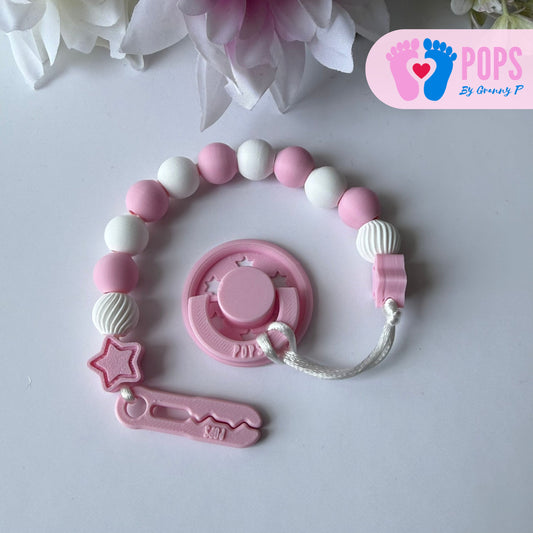 POPS Dummy Clip - Pink & White Stars & Swirls - Can be personalised