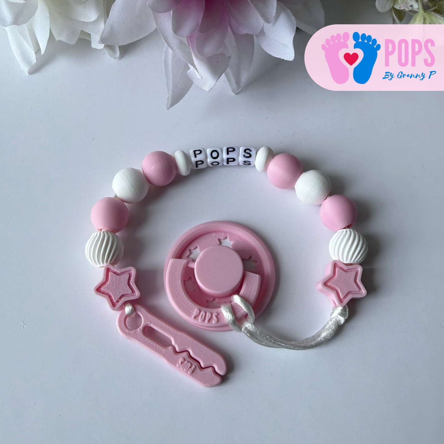 POPS Dummy Clip - Pink & White Stars & Swirls - Can be personalised