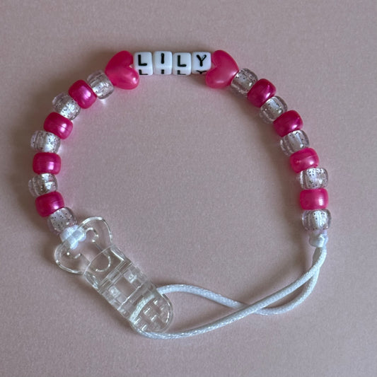 Pearl Dark Pink Stars/Hearts Pearl Dark Pink & Glitter Beads Personalised Reborn Dummy Clip