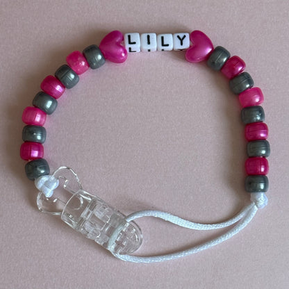 Pearl Dark Pink Stars/Hearts Pearl Dark Pink & Silver Beads Personalised Reborn Dummy Clip