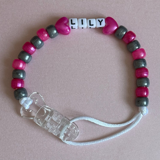Pearl Dark Pink Stars/Hearts Pearl Dark Pink & Silver Beads Personalised Reborn Dummy Clip