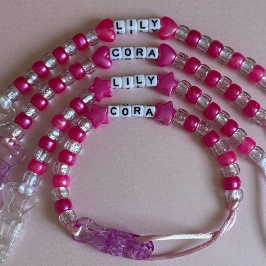Pearl Dark Pink Stars/Hearts Pearl Dark Pink & Glitter Beads Personalised Reborn Dummy Clip