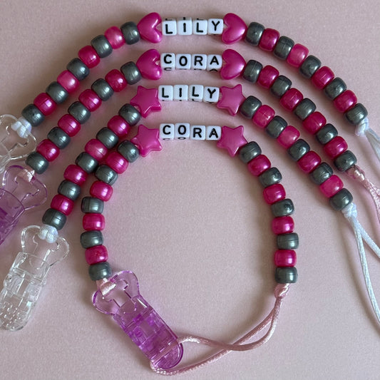 Pearl Dark Pink Stars/Hearts Pearl Dark Pink & Silver Beads Personalised Reborn Dummy Clip