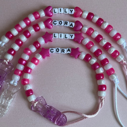 Pearl Dark Pink Stars/Hearts Pink & White Beads Personalised Reborn Dummy Clip