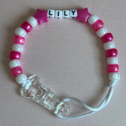 Pearl Dark Pink Stars/Hearts Pink & White Beads Personalised Reborn Dummy Clip