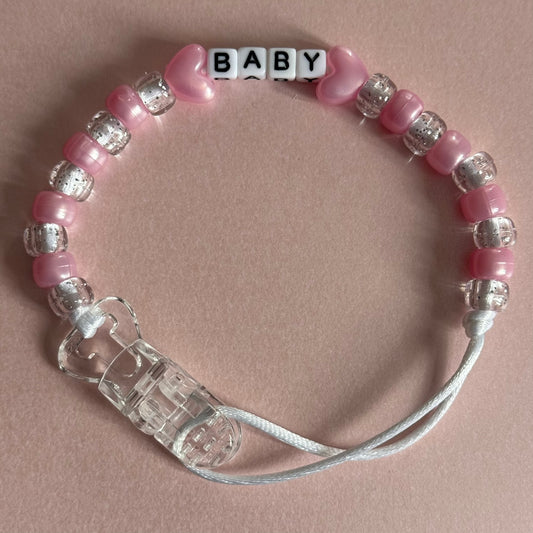 Pearl Pink Stars/Hearts Pearl Pink & Glitter Beads Personalised Reborn Dummy Clip