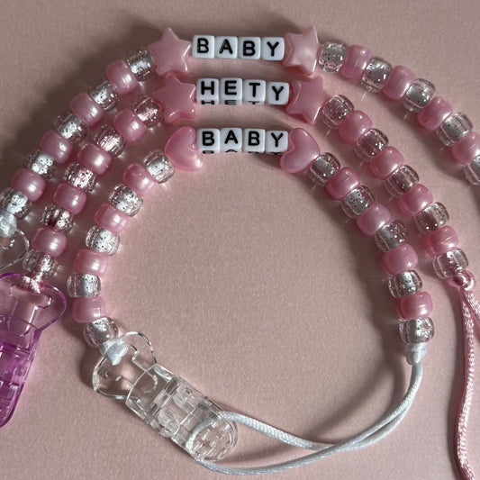 Pearl Pink Stars/Hearts Pearl Pink & Glitter Beads Personalised Reborn Dummy Clip