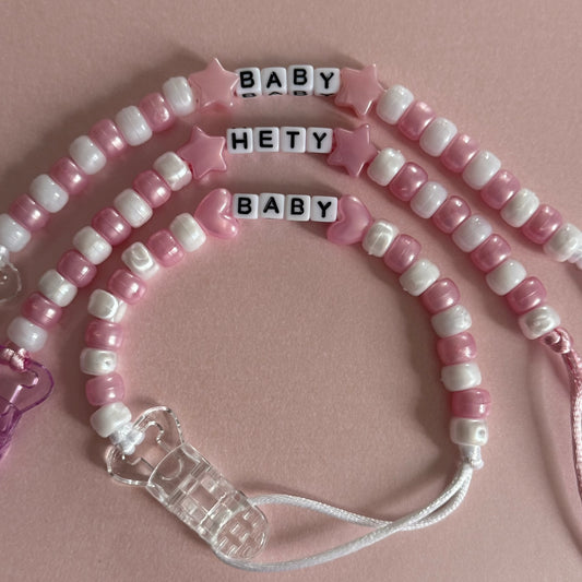 Pearl Pink Stars/Hearts Pink & White Beads Personalised Reborn Dummy Clip