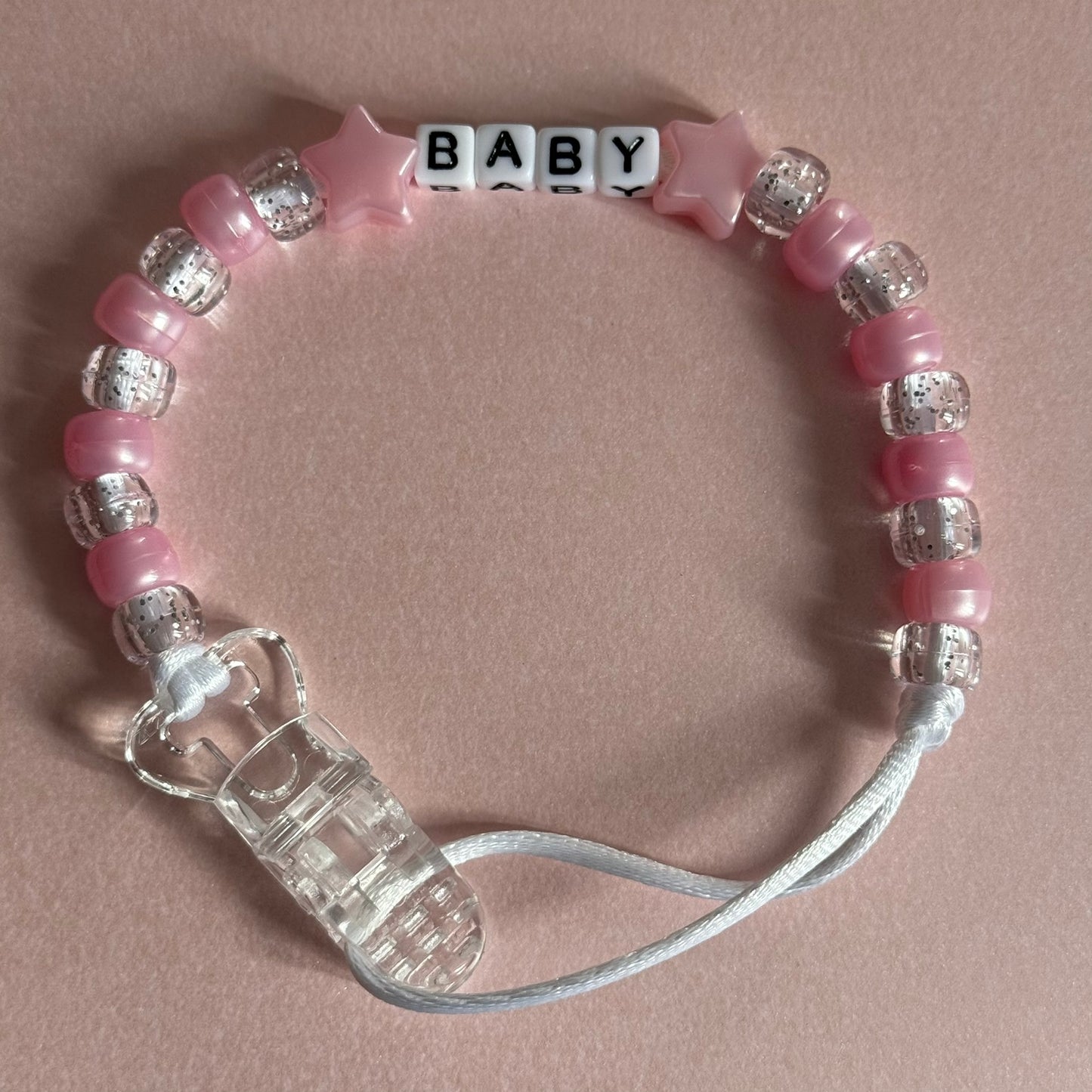 Pearl Pink Stars/Hearts Pearl Pink & Glitter Beads Personalised Reborn Dummy Clip