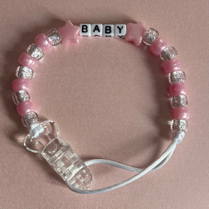 Pearl Pink Stars/Hearts Pearl Pink & Glitter Beads Personalised Reborn Dummy Clip