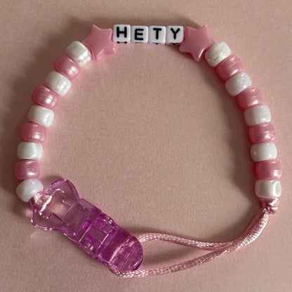 Pearl Pink Stars/Hearts Pink & White Beads Personalised Reborn Dummy Clip