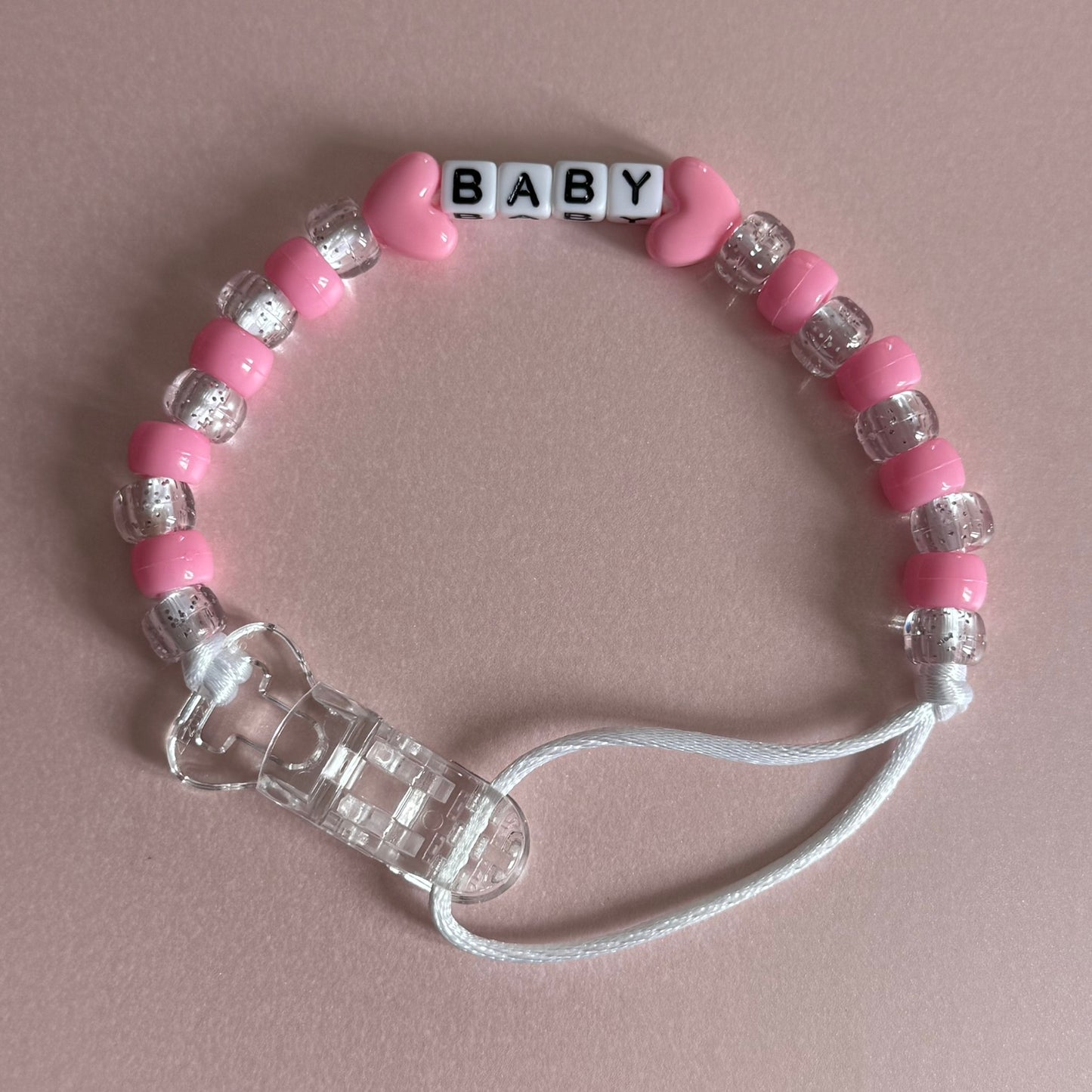 Pink Stars/Hearts Pink & Glitter Beads Personalised Reborn Dummy Clip