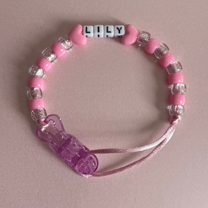 Pink Stars/Hearts Pink & Glitter Beads Personalised Reborn Dummy Clip