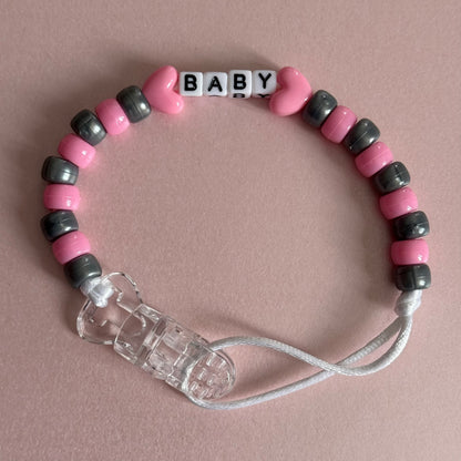 Pink Stars/Hearts Pink & Silver Beads Personalised Reborn Dummy Clip