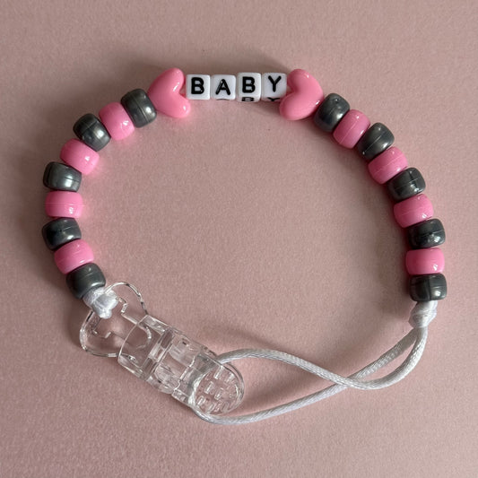 Pink Stars/Hearts Pink & Silver Beads Personalised Reborn Dummy Clip