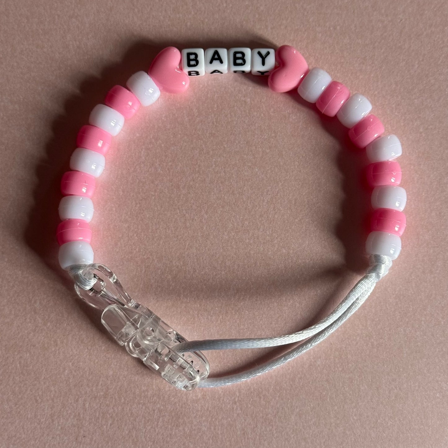 Pink Stars/Hearts Pink & White Beads Personalised Reborn Dummy Clip