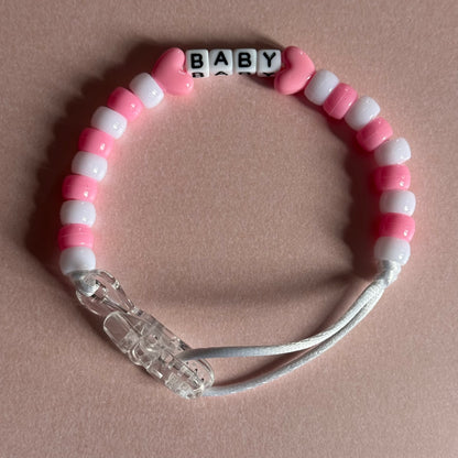 Pink Stars/Hearts Pink & White Beads Personalised Reborn Dummy Clip