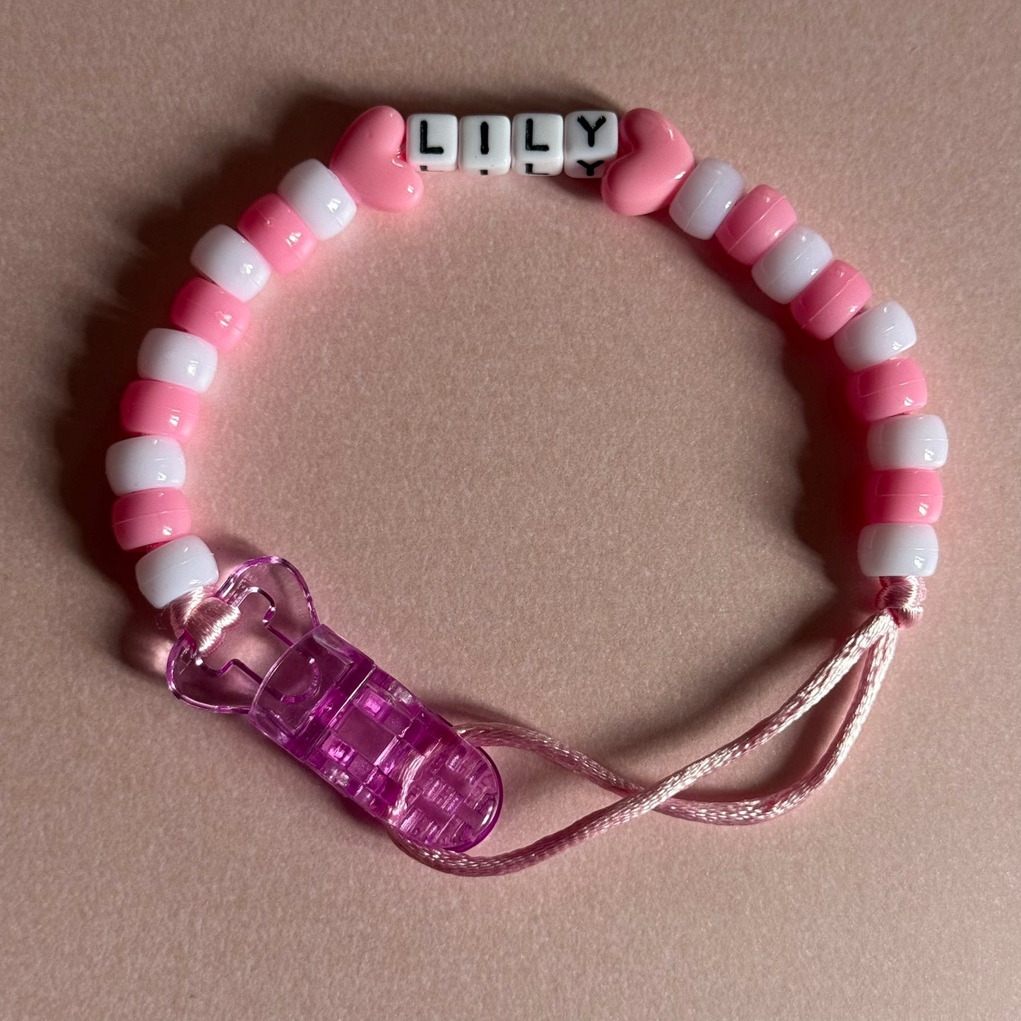 Pink Stars/Hearts Pink & White Beads Personalised Reborn Dummy Clip