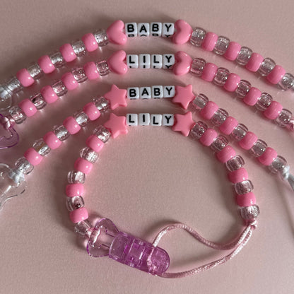 Pink Stars/Hearts Pink & Glitter Beads Personalised Reborn Dummy Clip