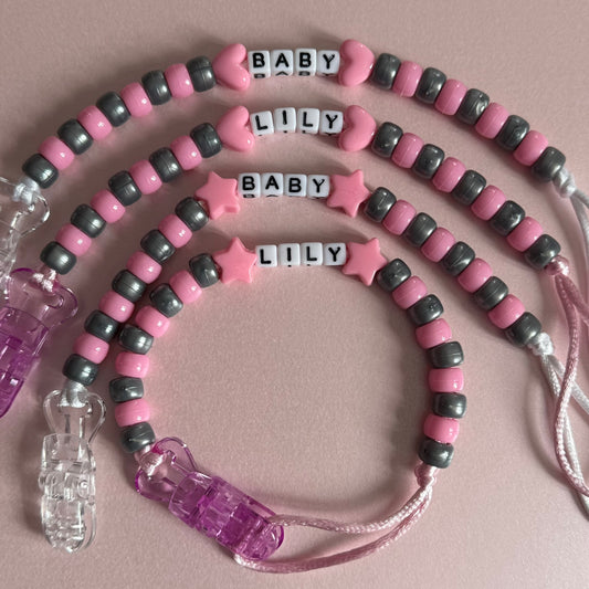 Pink Stars/Hearts Pink & Silver Beads Personalised Reborn Dummy Clip