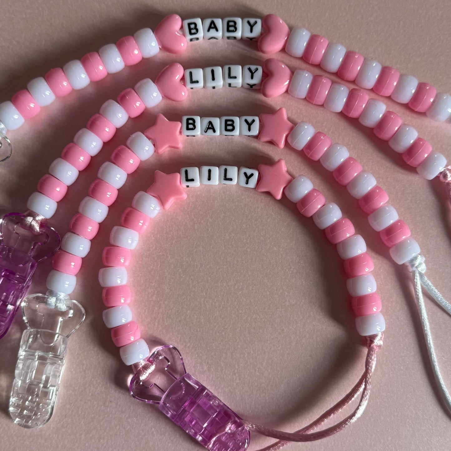 Pink Stars/Hearts Pink & White Beads Personalised Reborn Dummy Clip