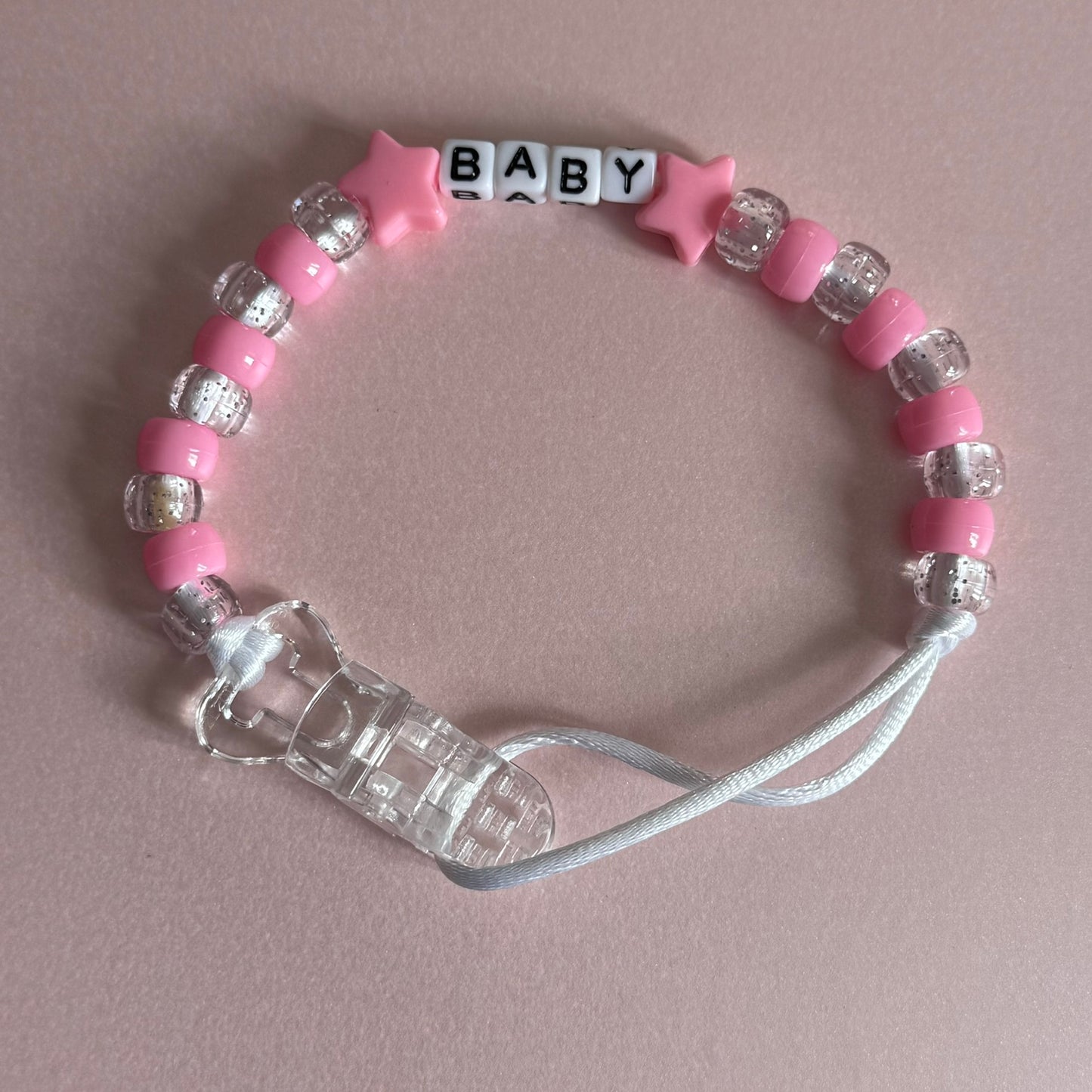 Pink Stars/Hearts Pink & Glitter Beads Personalised Reborn Dummy Clip