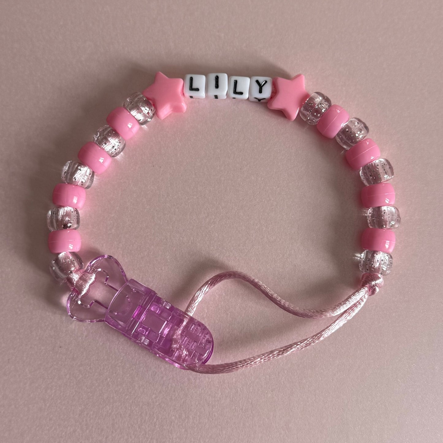 Pink Stars/Hearts Pink & Glitter Beads Personalised Reborn Dummy Clip
