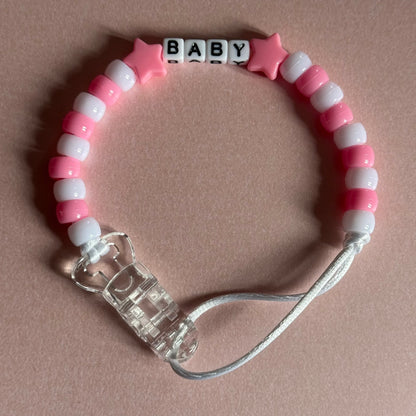 Pink Stars/Hearts Pink & White Beads Personalised Reborn Dummy Clip