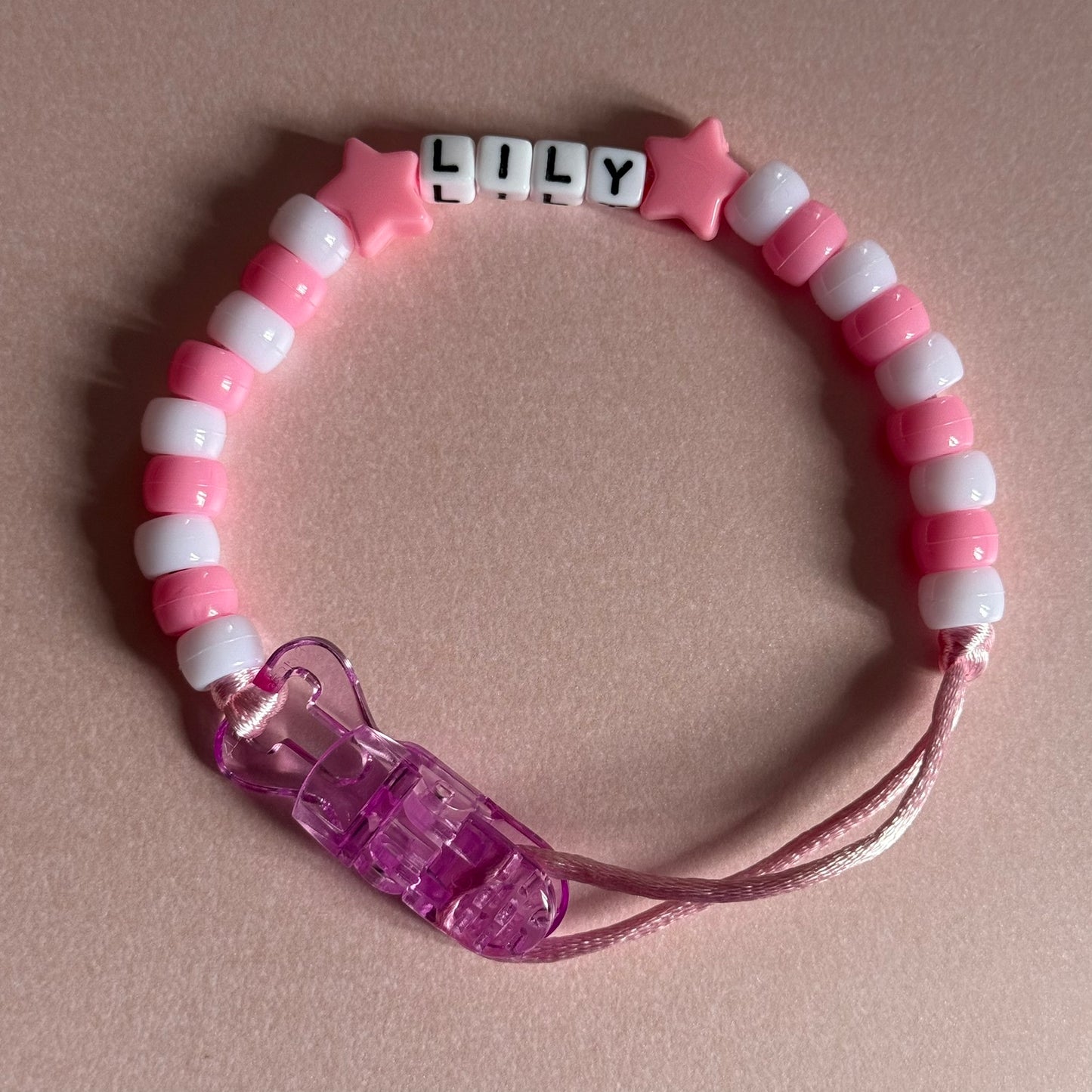 Pink Stars/Hearts Pink & White Beads Personalised Reborn Dummy Clip