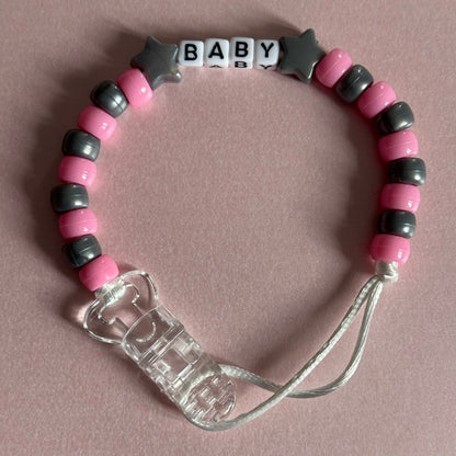 Silver Stars/Hearts Pink & Silver Beads Personalised Reborn Dummy Clip