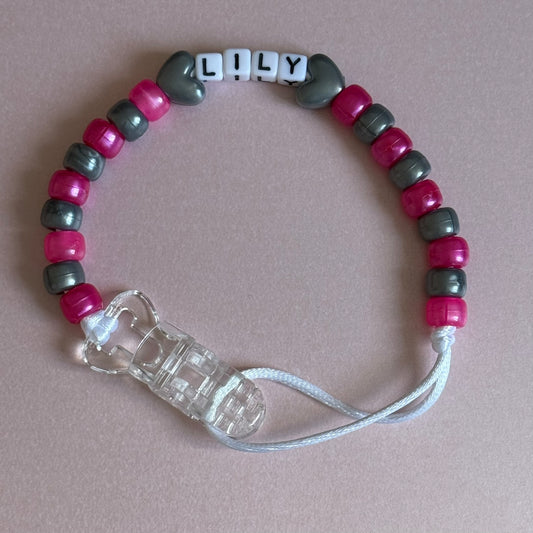 Silver Stars/Hearts Pearl Dark Pink & Silver Beads Personalised Reborn Dummy Clip