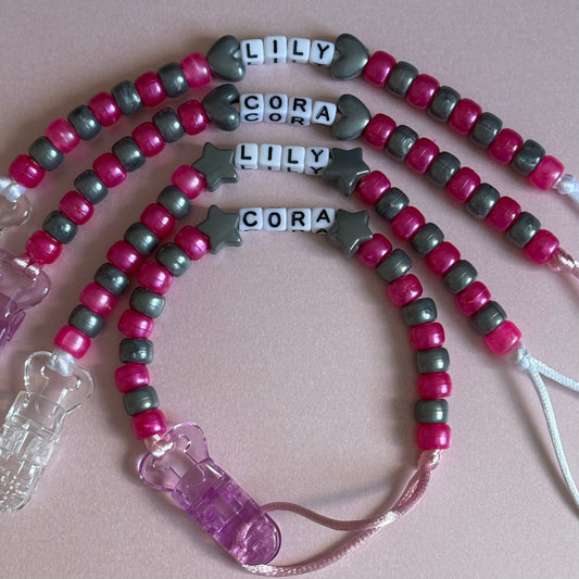 Silver Stars/Hearts Pearl Dark Pink & Silver Beads Personalised Reborn Dummy Clip