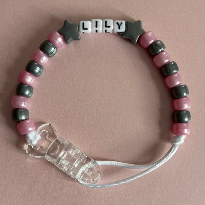 Personalised Reborn Dummy Clip: Silver Stars/Hearts Pearl Pink & Silver Beads
