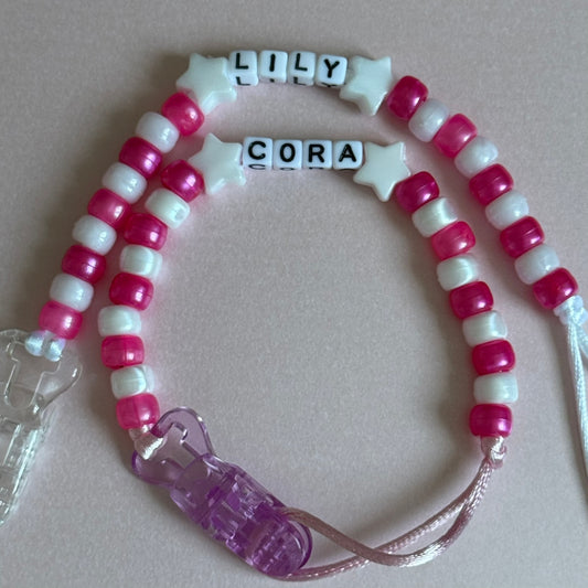 White Stars Pearl Dark Pink & White Beads Personalised Reborn Dummy Clip