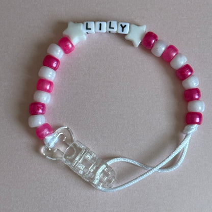 White Stars Pearl Dark Pink & White Beads Personalised Reborn Dummy Clip