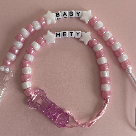 White Stars Pearl Pink & White Beads Personalised Reborn Dummy Clip