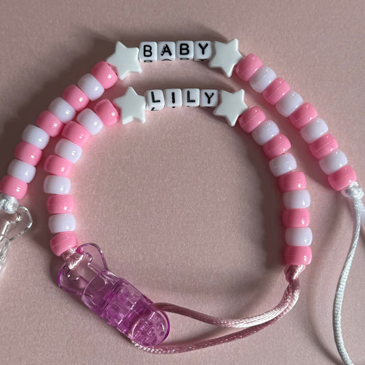 White Stars Pink & White Beads Personalised Reborn Dummy Clip