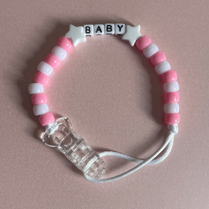 White Stars Pink & White Beads Personalised Reborn Dummy Clip