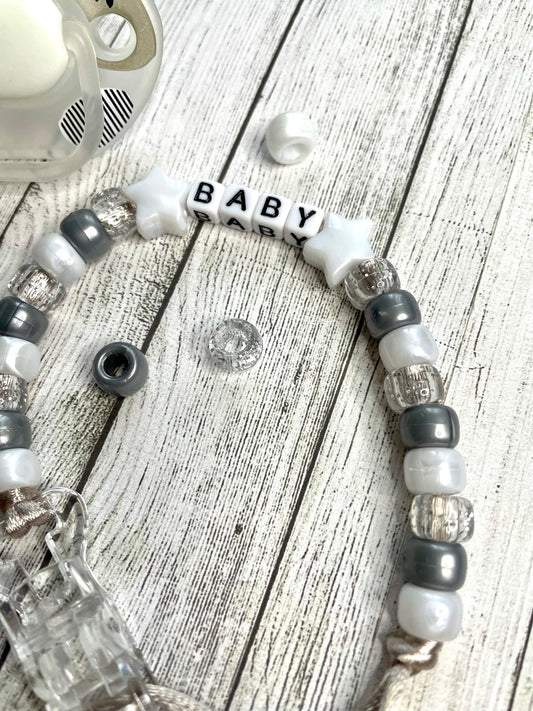 Silver & White Personalised Reborn Dummy Clip 11