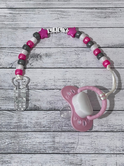 Pink, White & Silver Personalised Reborn Dummy Clip 03