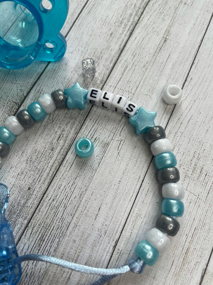 Pale Blue, Silver & White Personalised Reborn Dummy Clip 06