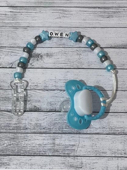 Pale Blue, Silver & White Personalised Reborn Dummy Clip 06